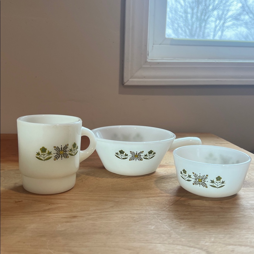 Fire King Green Meadow bowls and mug 3 pieces